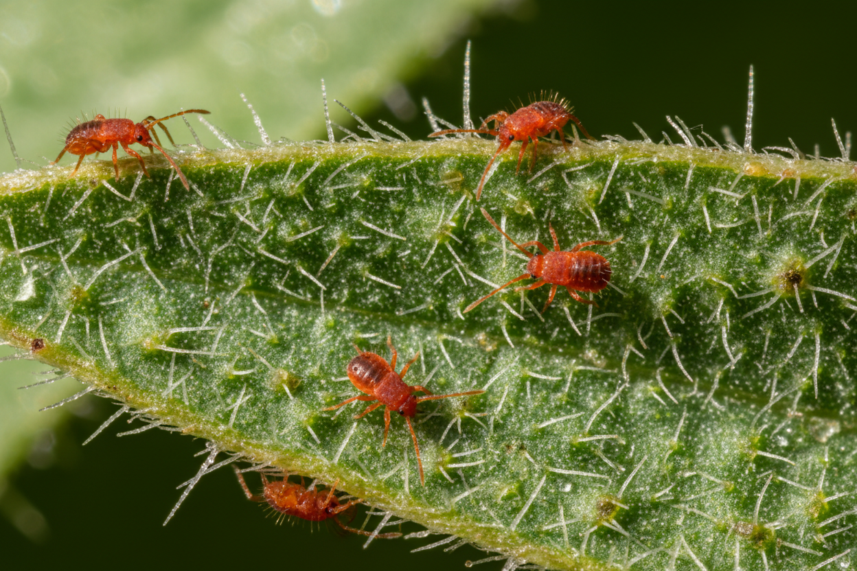 What are those tiny red spiders covering your garden furniture?